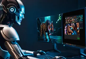 a cyborg using Image Artisan XL with two monitors.